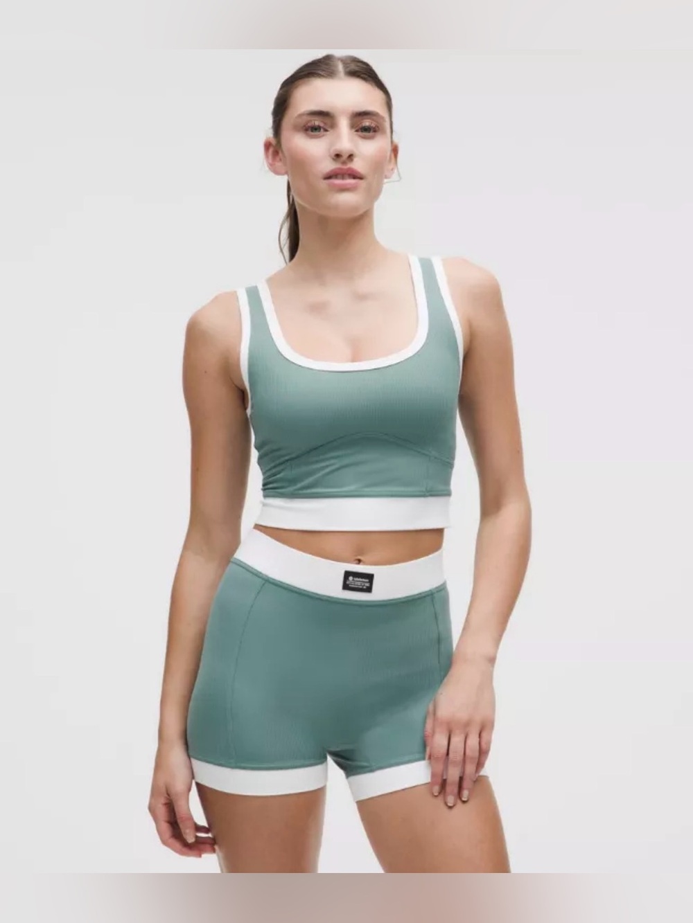 NWOT! lululemon athletica Sage Green Ribbed Crop Tank & Shorts with White Trim